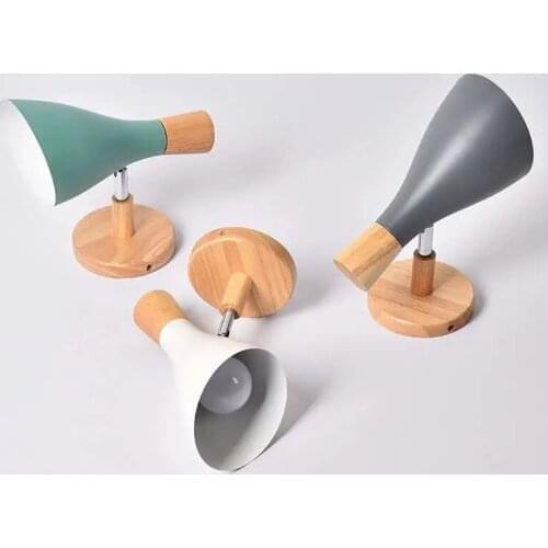 Nordic Solid Wood Wall Lamp Simple Iron Lampshade Living Room Bedroom Background Wall E27 LED Wall Light Indoor Lighting Fixture