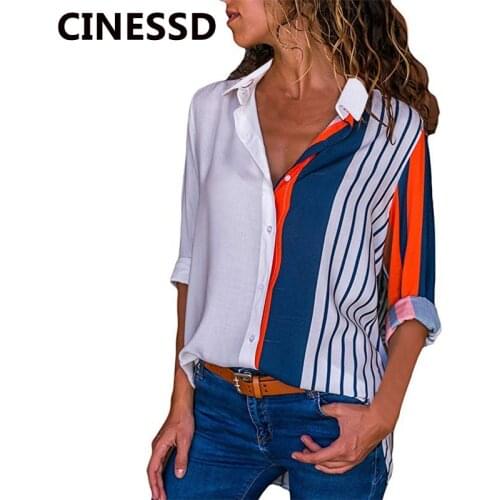 CINESSD Women Chiffon Blouses V Neck Long Sleeves Blue& White Striped Patchwork Button Cardigan Casual Tops Tee Shirts Blouse