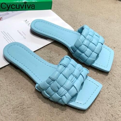 2021 New Square Toe Summer Beach Shoes Woman Weave Leather Flat Slippers Designer Brand Slides Runway Braid Sandalias Mujer