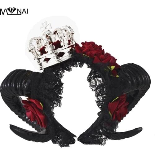 Cosplay Lolita Halloween Adult Devil horns Red Floral Headband Fancy Dress Crown Hairband Ladies Goth Headpieces Handmade