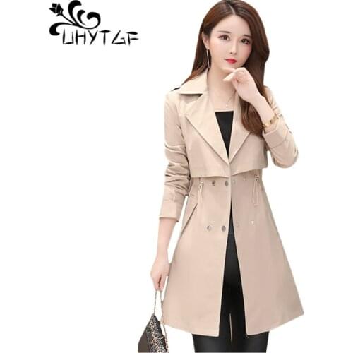 UHYTGF Women trench coats 2019 Fashion quality long coat women Double-breasted slim spring autumn Windbreaker 5XL Plus size 712