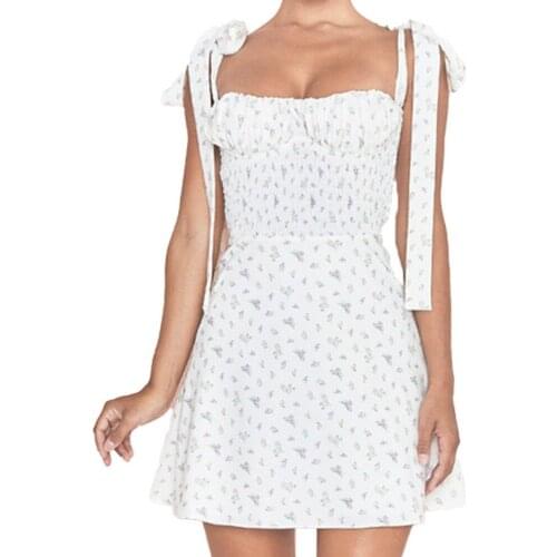 2021 Summer Fresh Floral Lace-Up Straps Pleated Waist A-Line Skirt Dress Women