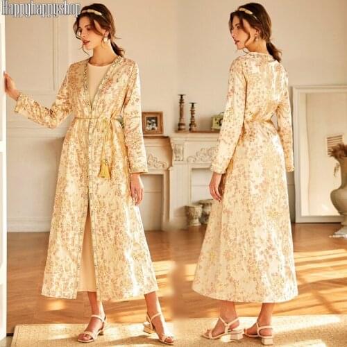 Elegant Golden Floral Cardigan Coat Women Muslim Islamic Long Dress Kimono Kaftan Abaya Ramadan Gown Party Dresses Femme Clothes