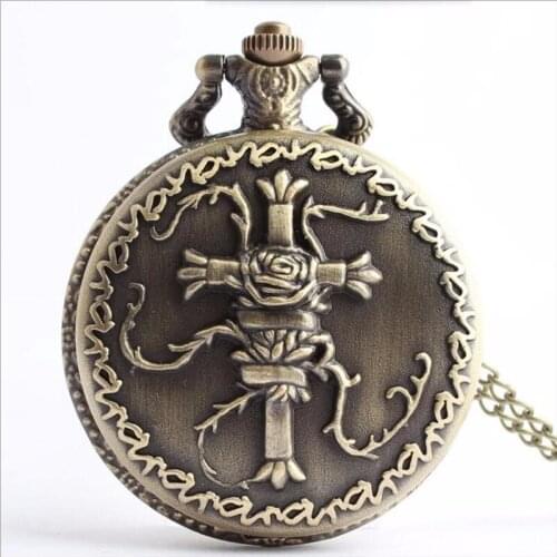 10pcs in) Vintage court style cross design Quartz flip pocket watch necklace party promotion unique gift