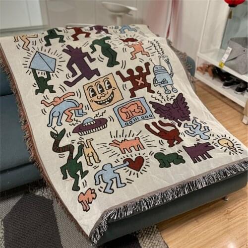 160X130cm Doodle Animals Tasseled Sofa Throw Blanket Ethnic Style Multi Usage Decorative Carpet Couch Blanket Picnic Mat