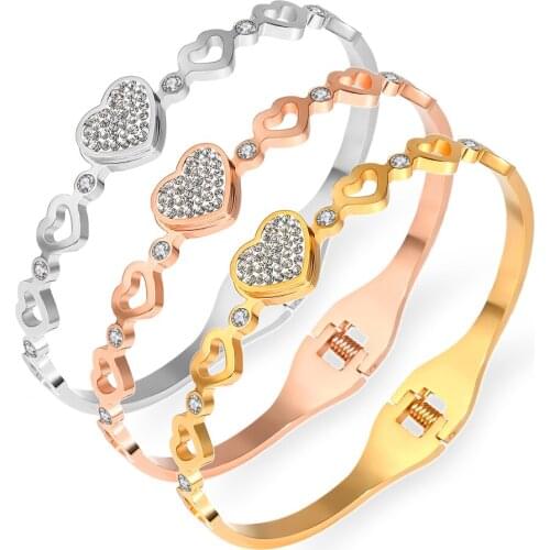2021 New Fashion Stainless Steel Lover Heart With Clay Rhinestone Bangles 4 Hollow Hearts Bracelets For Women Jewelry
