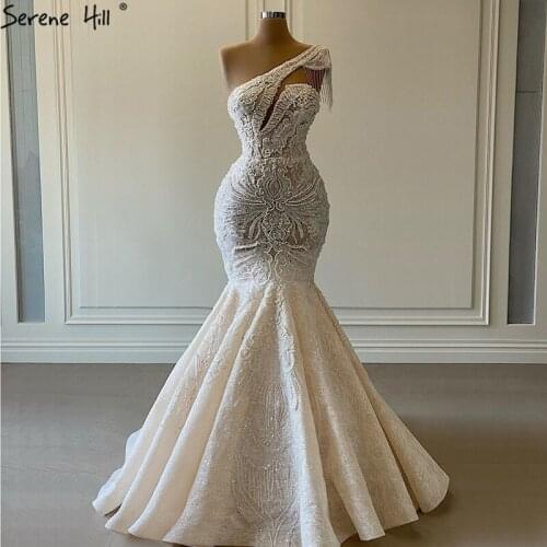 Serene Hill White Mermaid Vintage Wedding Dress 2021 One Shoulder Beading Tassel Lace Sexy High-end Bridal Gown CHM67187