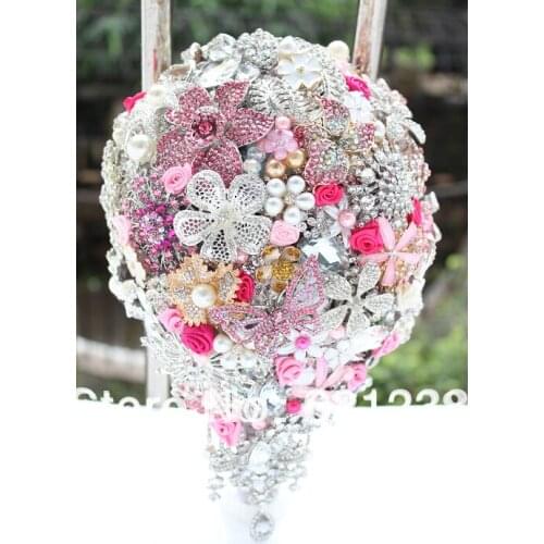 EMS Free Shipping,Pink bridal jewelry holding flowers, teardrop-shaped brooch luxury bridal bouquet, pink wedding preferred