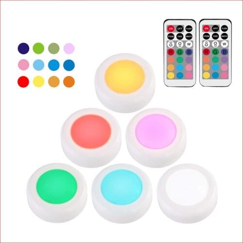Wireless Puck Lights with 2Remote Controls 6PCS, 13 Colors Changing LED Under Cabinet Lighting, Dimmable Closet Light, Under