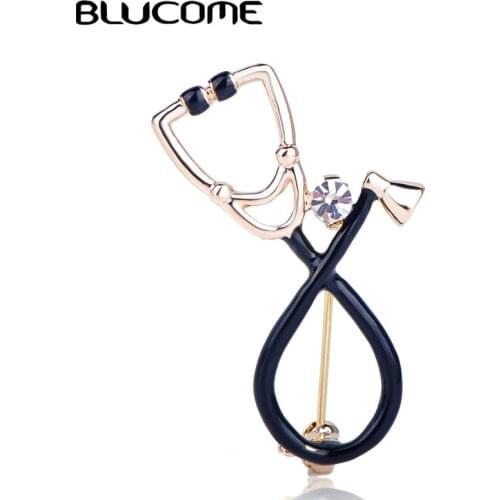 Blucome Black Stethoscope Shape Brooch Shiny Crystal Enamel Pins Accessories For Nurse Gifts Clothes Brooches Lapel Pin Jewelry