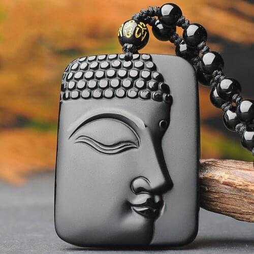 Black Obsidian Buddha Jade Pendant Beads Necklace Hand-Carved Chinese Fashion Charm Jewelry Accessories Amulet for Men Women