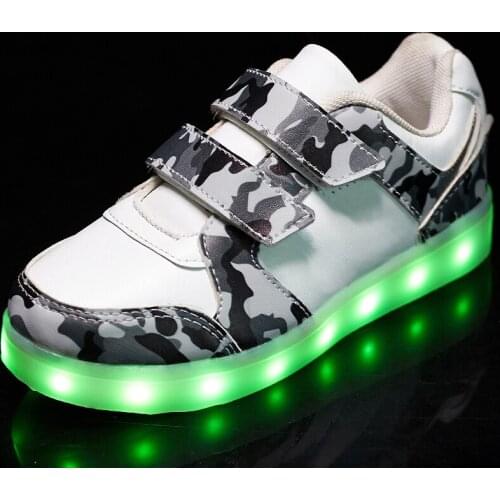 New Fashion Bright Solid USB Led Light Up Kid Shoes Breathable Hook &Loop Children Charging Luminous Sneakers For Girl&Boy 25-37