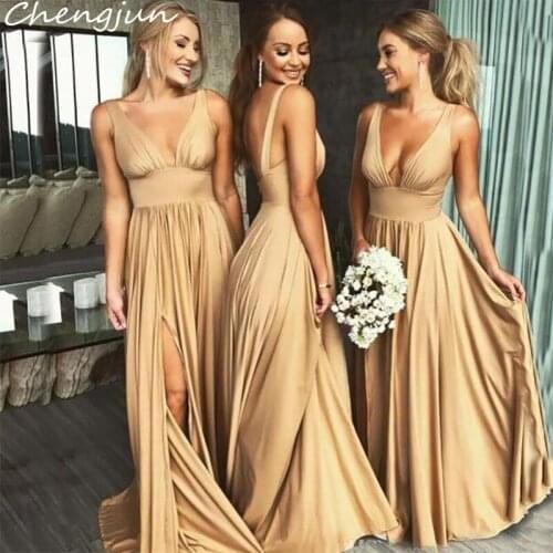 Chengjun Side Slit Sexy Gold Empire Waist V-Neck A Line Long Bridesmaid Dress