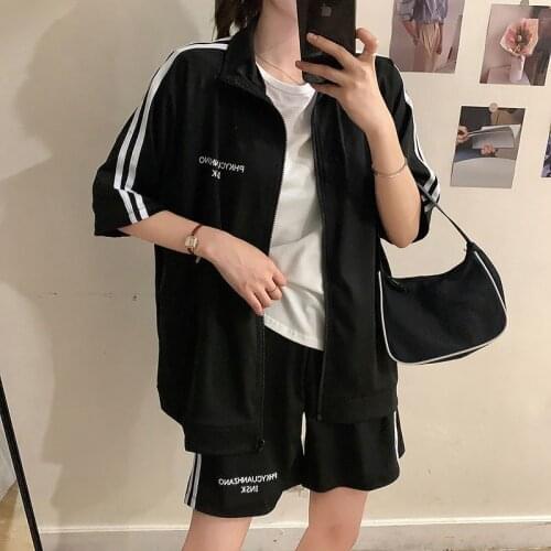 [Cotton] Casual Tracksuit Two Piece Outfits Side Striped Pant Set Summer Short Sleeve T-shirt + High Waist Shorts Purple Matchin