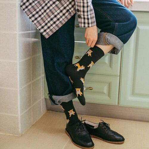 Kawaii Japanese Fashion Harajuku Shiba Inu Black Cool Crew Socks for Women Cute Girls Funny Graphic Dog Pig Cat Cotton Socks