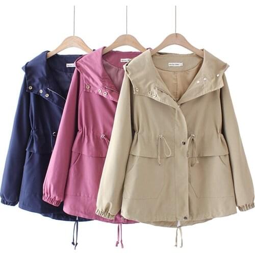 Extra Large Size Jacket Female Autumn Korean Loose Long Hooded Windbreaker Full Sleeve Solid Color Drawstring Outerwear M519