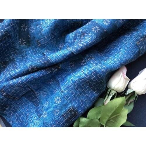 Azure blue linen printed rose pattern cheongsam fabric High-end linen fabric