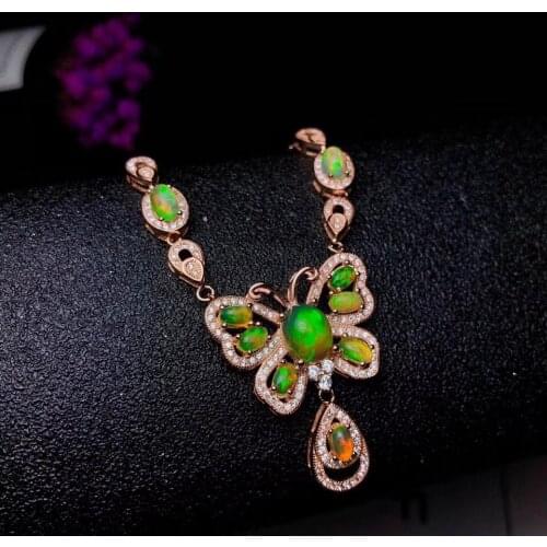 Fashion natural opal gemstone necklace with silver butterfly style fine jewelry 925 sterling silver gild gold color fireworks
