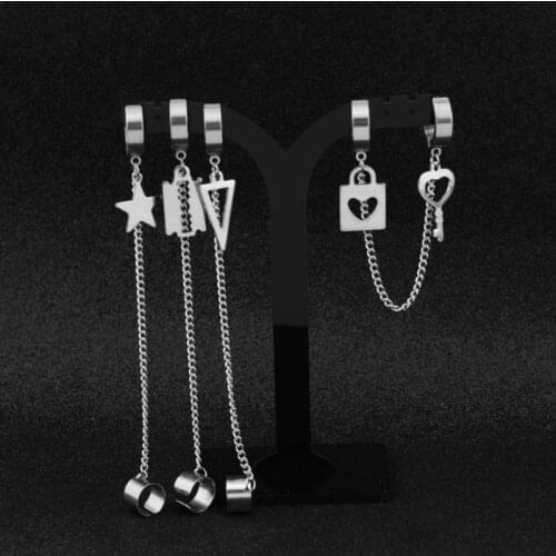 Men Women Earring Fashion Stainless Steel Ear Chain Key Lock Blade Pendant Couples Ears Clip Jewelry Gifts