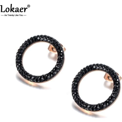 Lokaer Trendy Stainless Steel Jewelry Shiny White/Black Clay Cystal Earrings Rose Gold Color Round Shape Christmas Gift E18455