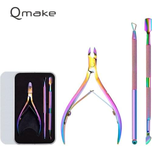 Qmake 3Pcs Cuticle Scissors Stainless steel Nail Push Fingernail Pick Clippers Trimmer Dead skin Remove Pedicure Cutters Tools