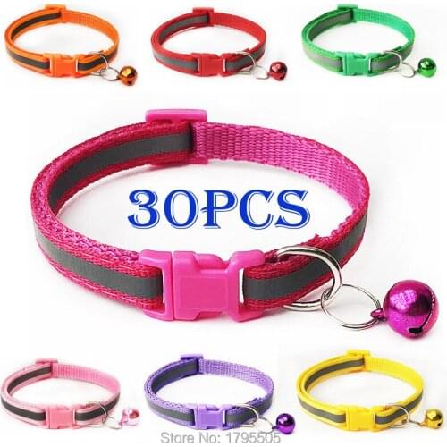 30pcs Reflective Bell Dog Cat Pet Collar Kitten Chihuahua Adjustable Small Dog Collar Useful Pet Product plate Printed Accessori