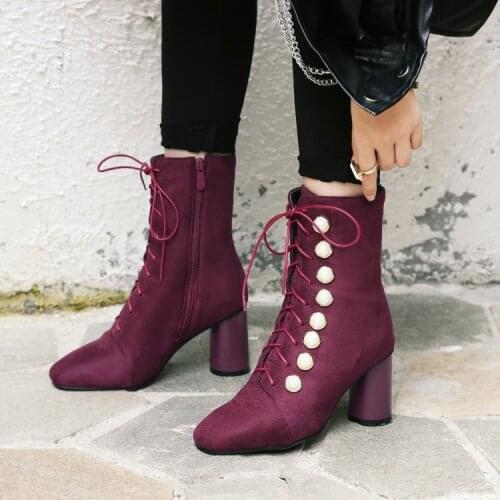 Autumn and winter new womens short boots thick high heel pointed pearl womens boots fashion tie womens boots size code 35-46