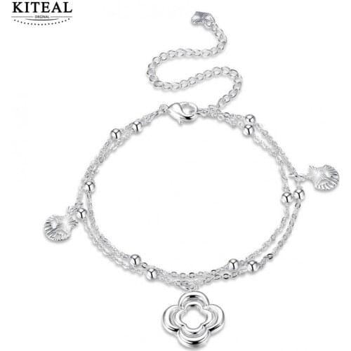 KITEAL Newest silver color Lady anklet moon star clover charms bead chain 20+10cm five star ankle bracelet charms