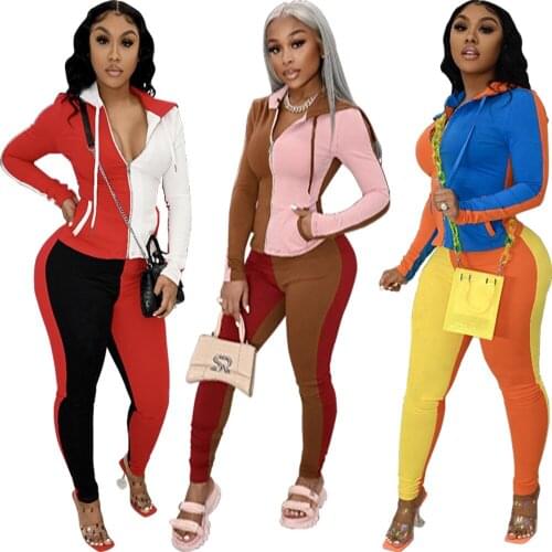 Women Set Patchwork Casual Two Piece Sets Women Autumn Zipper Up Long Sleeve Slim Hoodies Jackets and Workout Sweatpant Outfits