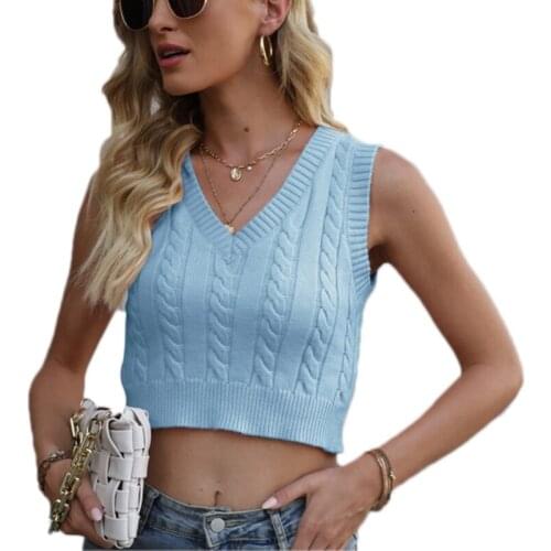 Women College Preppy Style V-Neck Sweater Vest Solid Color Cable Knitted Pattern Slim Sleeveless Cropped Jumper Tank Top