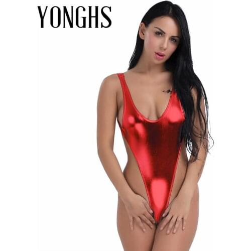 Womens Lingerie Sexy Bodysuit Shiny Glossy Erotic Costume Patent Leather High Cut Backless Thong Leotard Swimsuit Swimwear