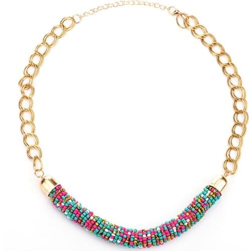 European and American summer fashion new style simple retro multi-color rice Bead Handmade cylinder womens necklace wholesale