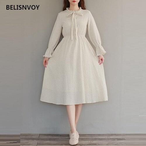New Arrival Autumn Women Midi Dress Flare Sleeve Polka Dot Printed Mori Girl Dress Elegant Ruffled Collar Cotton A-line Vestidos