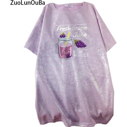 Zuolunouba Summer Fashion Casual New Mid-Length Women T Shirt Print Harajuku Letter Fresh Grape Juice Purple Tees Tops Female