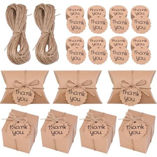 10/20/30/50pcs Mini Pillow Shape Kraft Paper Candy Box Wedding Gift Boxes With Ribbon And Thank You Tags For Home Party Supplies