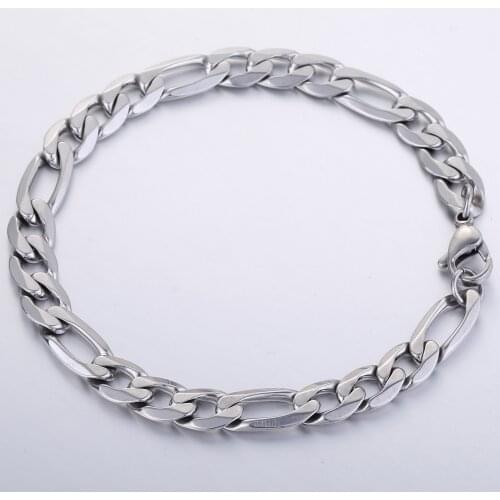 6-9MM Wide Mens Womens Chain Flat Figaro Silver Color Stainless Steel Bracelet Daily Party Wear Fashion Jewelry DKBM01