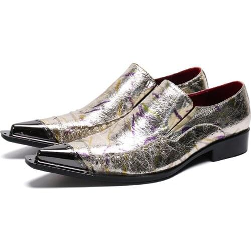 Glitter Gold Mens Shoes Genuine Leather Printed Party Mens Dress Shoes Italian Luxury Slip On sapato social masculino couro 47