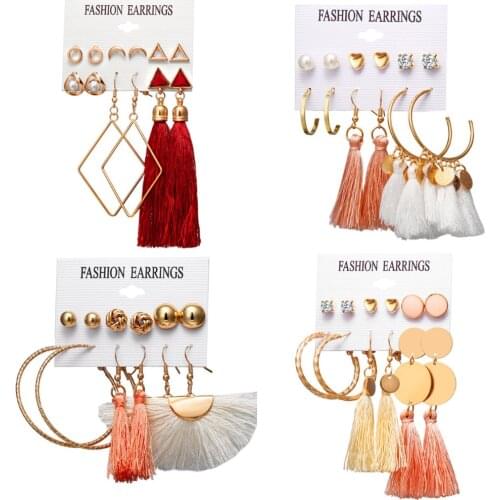 Bohemian White Red Pink Yellow Long Tassel Earrings Set For Women Girl 2020 Vintage Drop Earring Brincos Female Jewelry 6 Pair