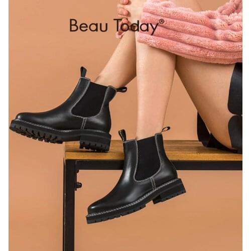 BeauToday Chelsea Boots Women Cow Leather Litchi Pattern Ankle Bootie Round Toe Elastic Ladies Platform Shoes Handmade 03449