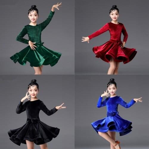 Kids Dresses for Girls Long Sleeve Latin Dance Dress Velvet Ballroom Competition Party Stage Performance Practice Costumes