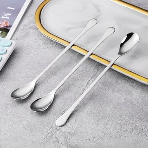 Long Handle Round Spoons Stainless Steel Coffee Scoop Cooking Mixing Stirrer Salad Dessert Spoon Tableware Kitchen Accessories