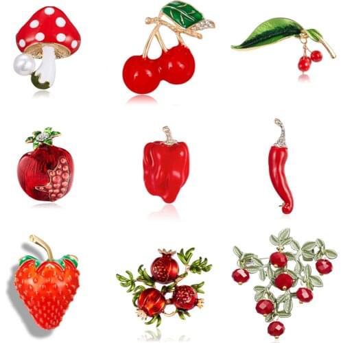 Fashion Enamel Fruit Brooch Pin Pomegranate Strawberry Mushroom Cherry Rhinestone Badge Women Wedding Bride Party Jewelry