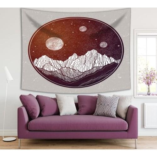 Tapestry Mountain Peaks on the Moonlight Night Sky Stars Moon Planets Nature Artwork Purple Brown Gray