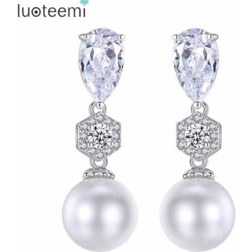 LUOTEEMI Round Imitation Pearl Long Line Three Level Drop Earrings For Women Girl AAA Cubic Zircon Bridal Wedding Party Jewelry