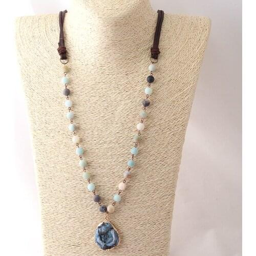 Fashion Bohemian Tribal Jewelry Beads Halsband Brown Leather Amazonite Stones Natural Shells Druzy Necklace