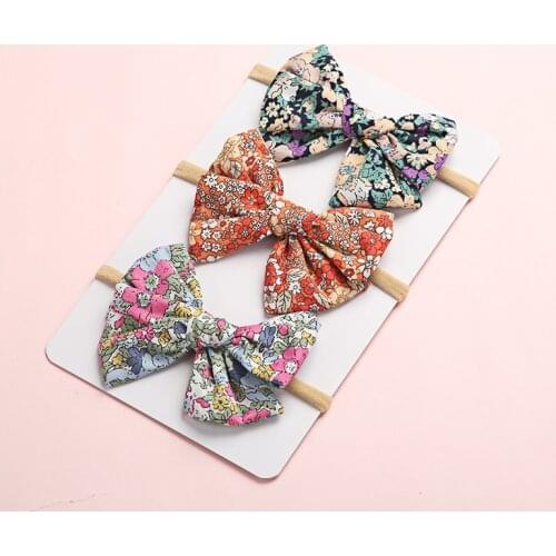 30 pcs/lot, Baby Girls Floral print Handtied Bow Nylon headbands or hair clips, School Girl Bow hair accessories