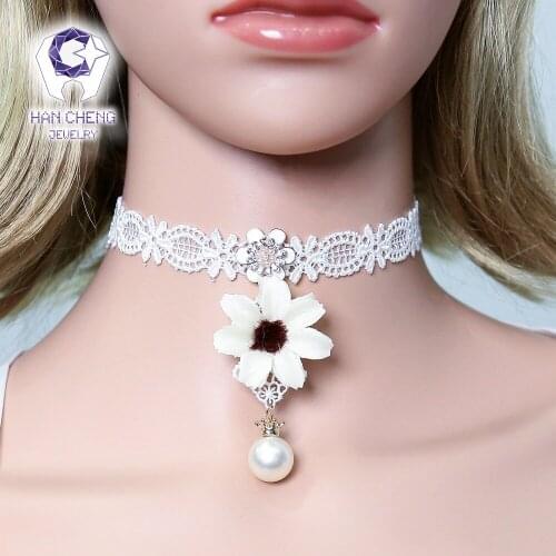 HanCheng New Fashion Lady White Flower Lace Pearl Ribbon Choker Necklace Women Necklaces Knitting Cloth collar jewelry bijoux
