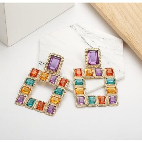 New Square Shaped Colorful Crystal Retro Personality Sexy Bar Earrings Party Accessories Luxury Brand Jewelry