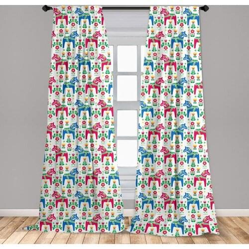 Horses Window Curtains Classic Swedish Dalecarlian Coral Azure Blue Animals and Green Floral Arrangement Curtain with Rod Pocket