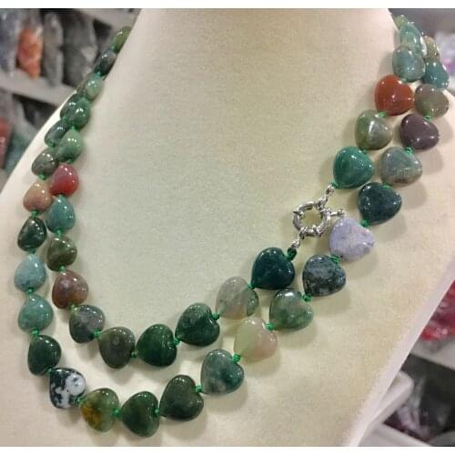 Genuine smooth12x12MM Multicolor Indian agate heart-shaped beads necklace 18-48"